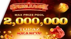 Image promoting the Spinoleague Topaz Season Tournament at 7K Online Casino, showcasing the 2 million euro prize pool in a fiery scene.